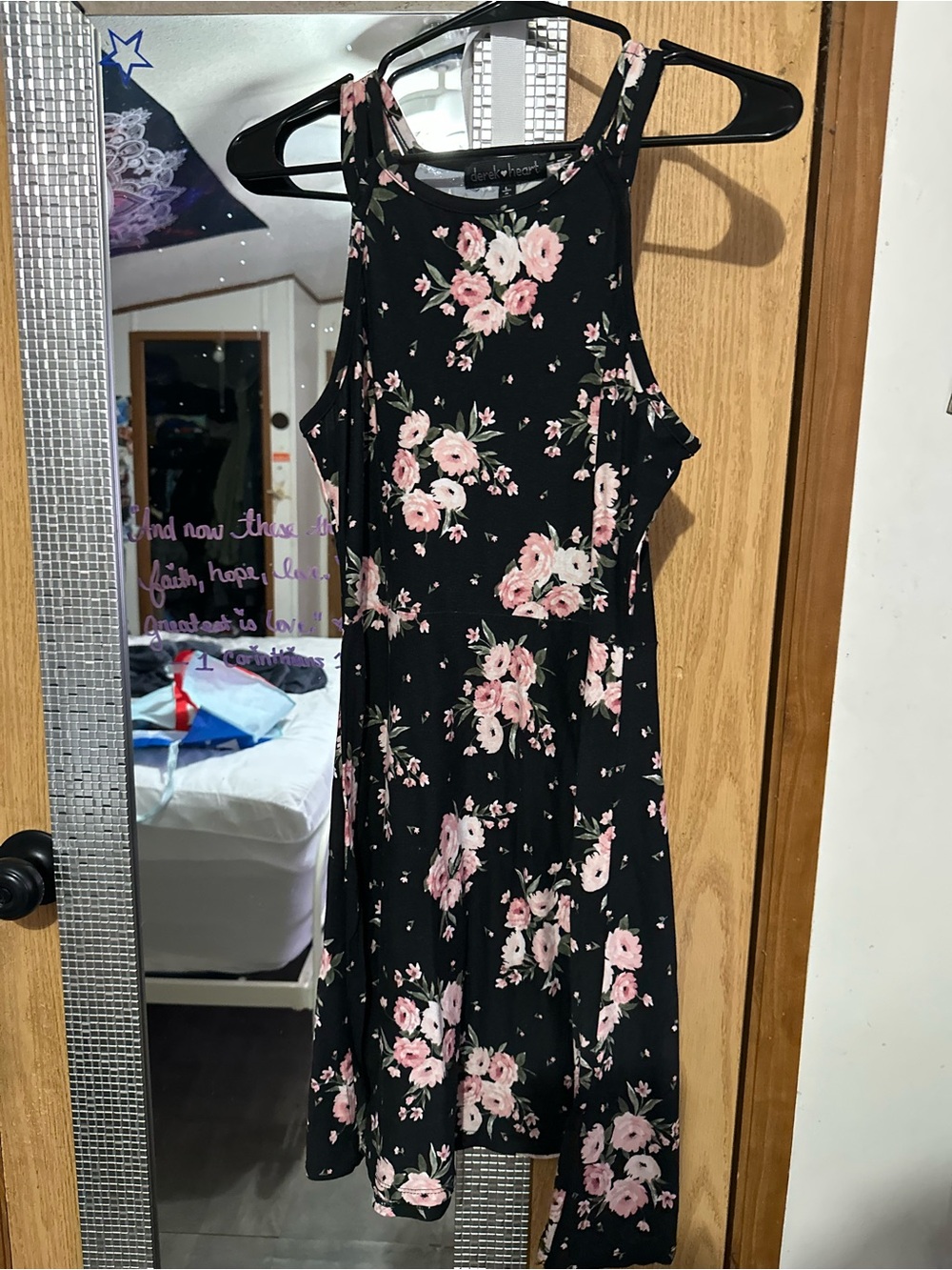 Derek Heart Black Mini Dress with Pink Floral Print